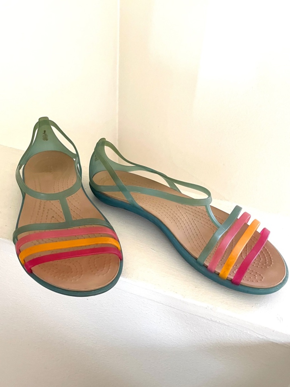 Vintage Women’s Green Strappy Iconic CROCS Sandals with Orange & Yellow Accents - Picture 2 of 9